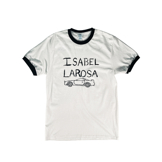 Official Isabel LaRosa Merchandise. 100% black and white cotton ringer t-shirt with a sport car sketch on the front.