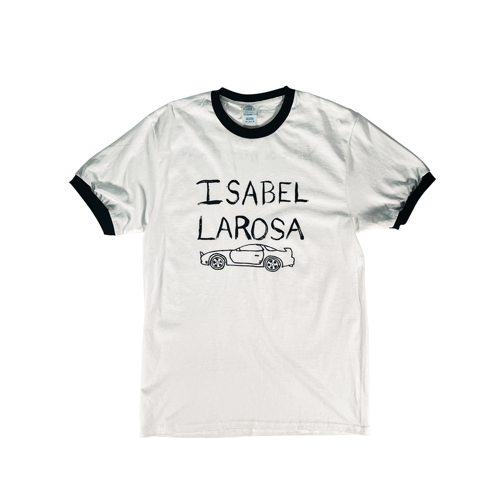 Official Isabel LaRosa Merchandise. 100% black and white cotton ringer t-shirt with a sport car sketch on the front.
